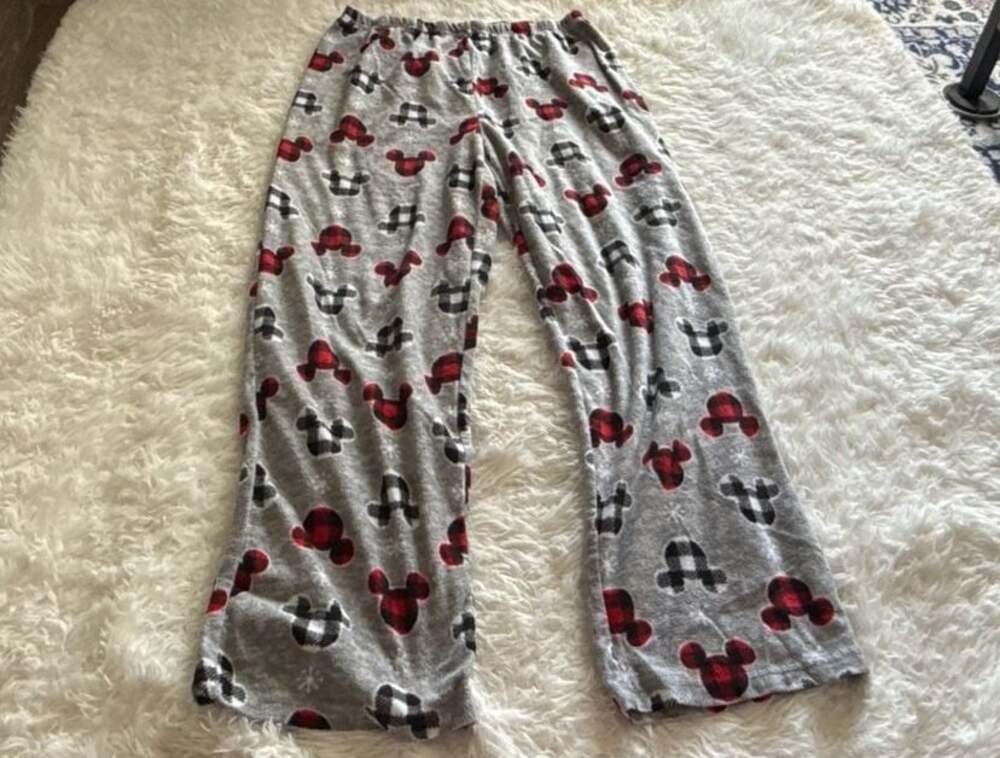 Disney Mickey Mouse Pajama Pants Grey Buffalo Plaid Fleece Lounge Pants